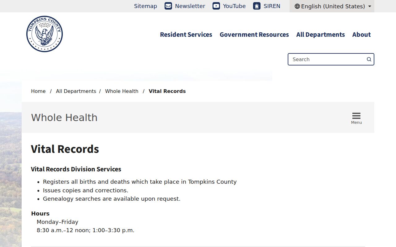 Ithaca residents directory route for Tompkins County vital records